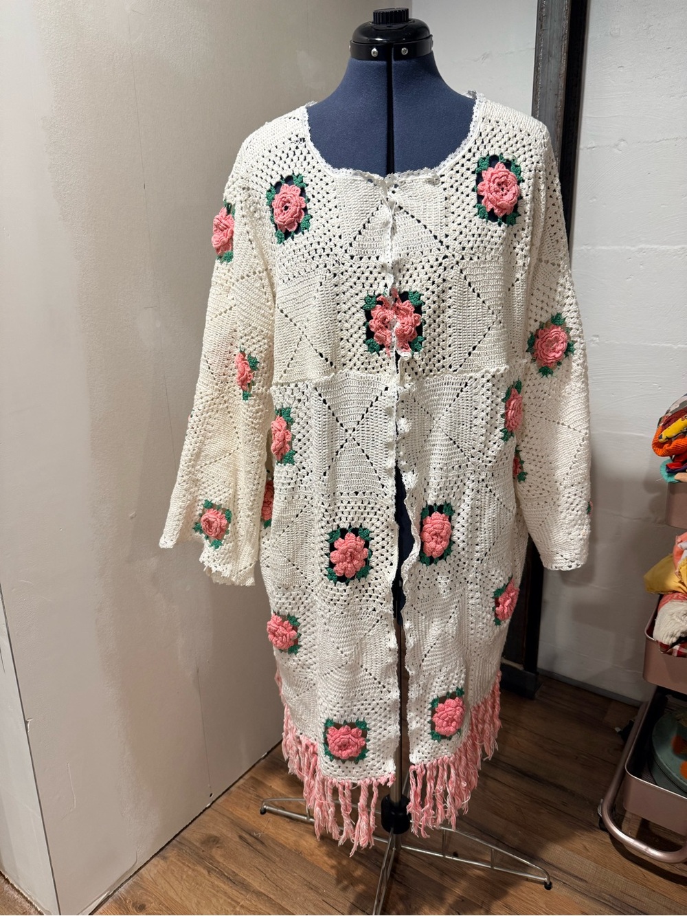 Repurposed Hand-Crocheted Floral Cardigan with Pink Rose Appliqués